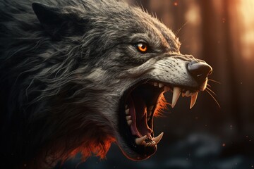 Angry growling wolf mouth close up. - obrazy, fototapety, plakaty