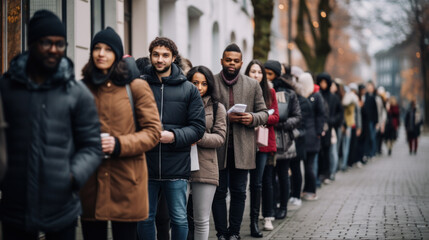 European people queue on street outside.