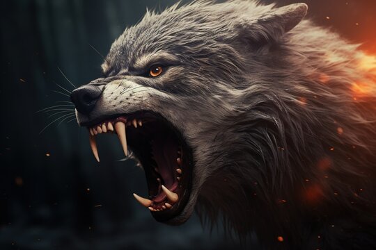 Angry growling wolf mouth close up.