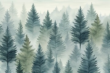 Obraz premium Watercolor misty spruces in forest.