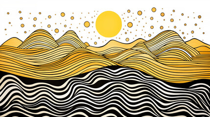 Stylized yellow and black striped hills under a dotted sky with a central sun, depicting a vibrant and abstract wave landscape. High quality illustration. - obrazy, fototapety, plakaty