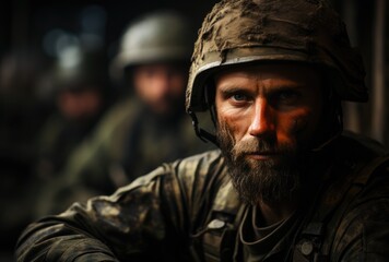 Obraz premium Portrait of a soldier with a helmet on his head