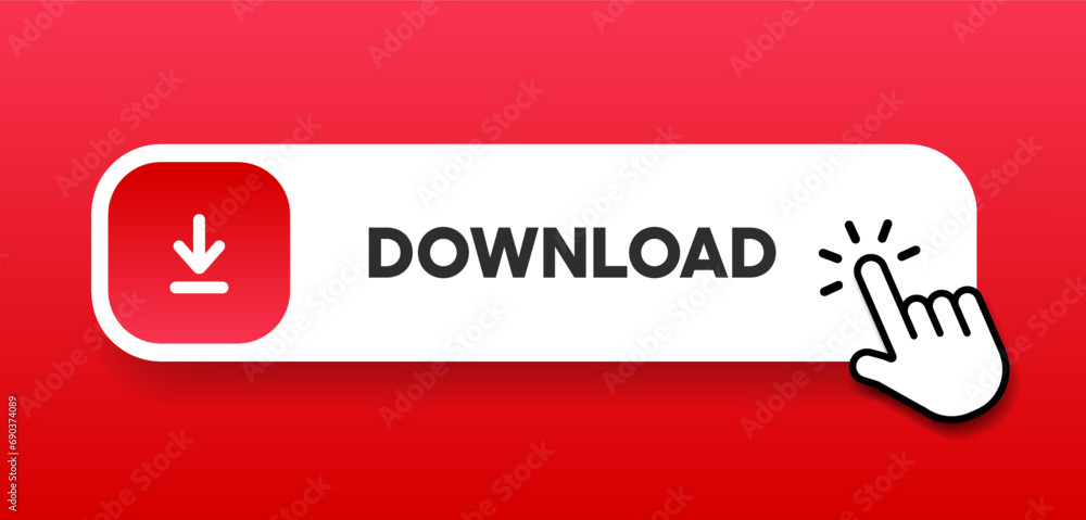 Poster 3D download button icon. Upload icon. Down arrow bottom side symbol. Click here button. Save cloud icon push button for UI UX, website, mobile application.