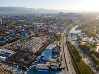 Aerial view of Maritsa river and panorama to City of Plovdiv, Bulgaria