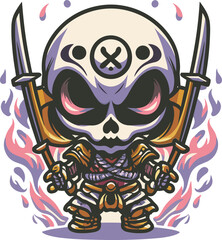 Skull with crossed swords. Vector illustration in cartoon style for stickers and t-shirts