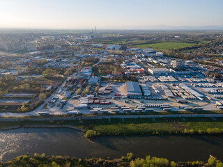 Aerial view of Maritsa river and panorama to City of Plovdiv, Bulgaria