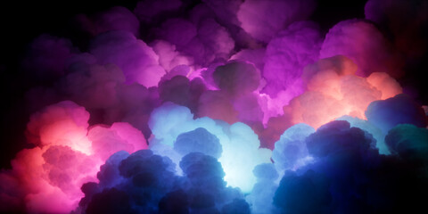 3d render. Abstract background. Panoramic stormy sky. Colorful clouds illuminated with bright neon...