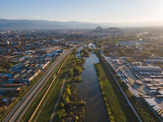 Fototapeta premium Aerial view of Maritsa river and panorama to City of Plovdiv, Bulgaria