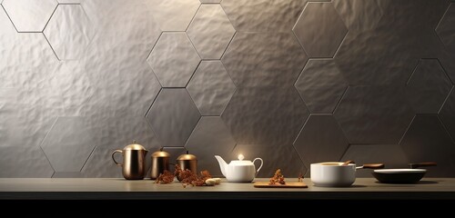Infuse glamour into your high-end kitchen space with captivating 3D-rendered hexagonal wallpaper, blending shades of platinum and pearl with unmatched elegance. - obrazy, fototapety, plakaty