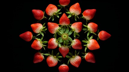 Strawberry pictures in style of kaleidoscope art on black background. Elegant art of Strawberry. 