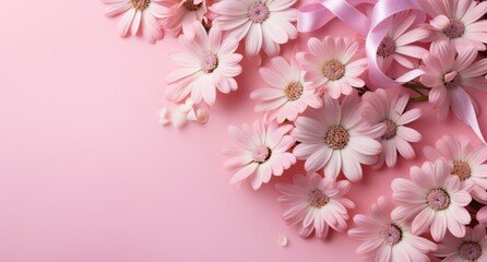 pink ribbon and pink daisies with white flowers on pink background