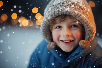 Boy enjoying the Christmas holidays outdoors in snowfall.
