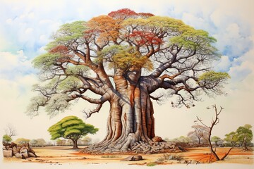 Watercolor and pencil drawing of baobab tree.