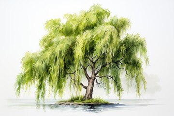 Watercolor and pencil drawing of willow tree. - obrazy, fototapety, plakaty