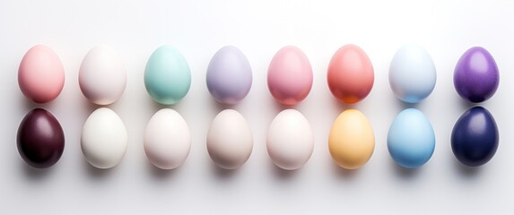 several colorful easter eggs on a white surface