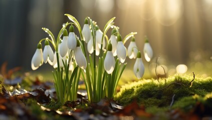 snowdrops blooming in grass with the sun shining on them