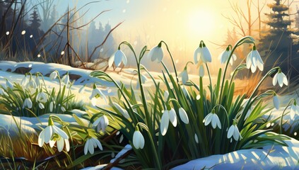 Obraz premium snowdrops blooming in grass with the sun shining on them