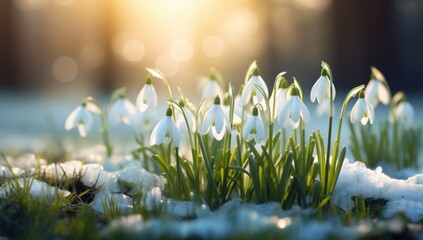 snowdrops blooming in grass with the sun shining on them