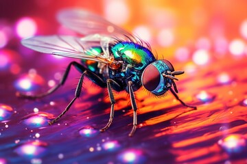 Fly with bright iridescent colors, macro.
