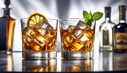 Old fashioned cocktail with drunken syrup with pieces of ice, lime, isolated on white background,