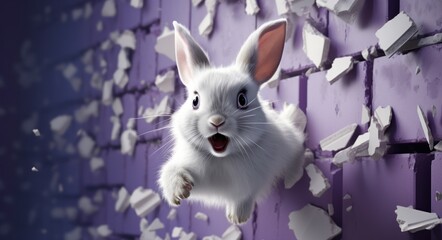 this gray and white bunny is escaping a purple wall