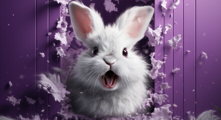 this gray and white bunny is escaping a purple wall