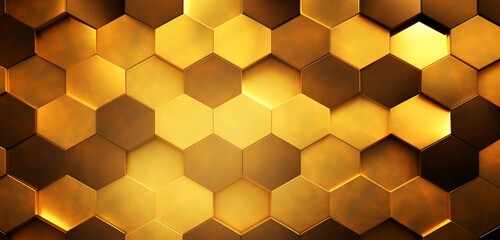 Radiant golden hexagonal wallpaper seamlessly blending with warm bedroom tones, portrayed in...
