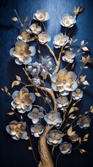 a stunning 3D wallpaper capturing the essence of a floral tree. Silver-blue flower leaves and a...