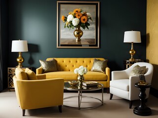 empty room,sofa and poster,interior design,memphis design,table and mirrors,living room interior.white sofa and armchair,minimalist modern,japandi style.luxurious interior,empty wall mockup.
