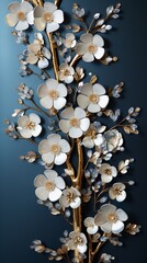 Redefine your space with a stunning 3D wallpaper capturing the essence of a floral tree. Silver-blue flower leaves and a radiant gold stem create an enchanting scene.