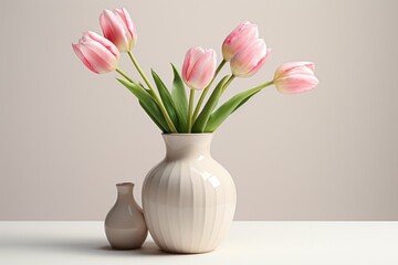 tulips in a white vase on a tabletop,