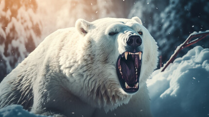 Polar bear growls angrily, saliva flies, winter background created with Generative Ai