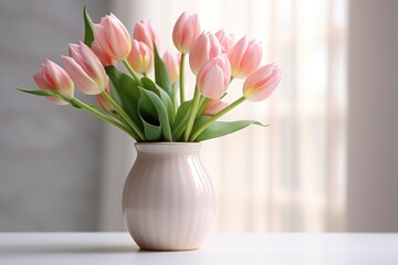 tulips in a white vase on a tabletop,