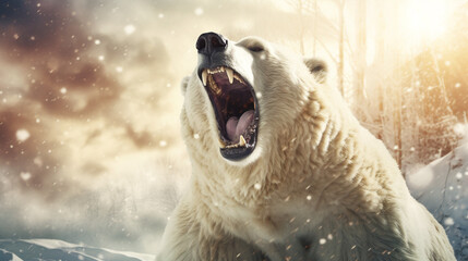 Polar bear growls angrily, saliva flies, winter background created with Generative Ai - obrazy, fototapety, plakaty