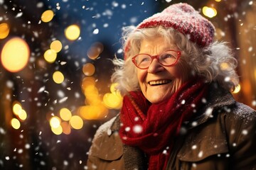 Fototapeta na wymiar Old woman enjoying the Christmas holidays outdoors in snowfall.