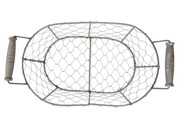 empty basket with metal mesh isolated on white background, top view