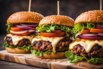  tasty burgers with layers of grilled meat,cheese, Appetising food
