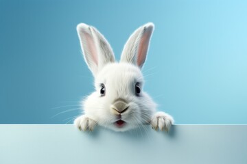 Obraz premium white rabbit peeking at something through a blue background