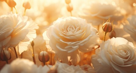 white roses arranged in rows with a background with lights