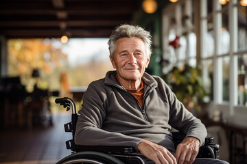 Smiling elderly man in wheelchair in retirement home. Disability situation. Someone with reduced mobility.