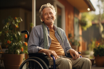 Smiling elderly man in wheelchair in retirement home. Disability situation. Someone with reduced mobility.