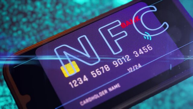 nfc 3d render animation. Pay by mobile phone by new method. Digital wireless paying. Modern high technology background