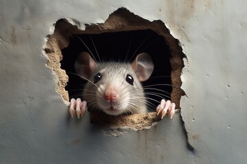 Rat peeking out of a hole in wall.