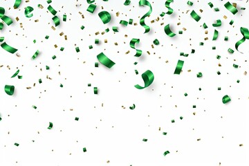 Falling green confetti and streamers seamless pattern on white background. - obrazy, fototapety, plakaty