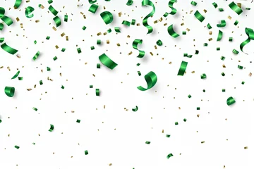 Poster Falling green confetti and streamers seamless pattern on white background. © Bargais