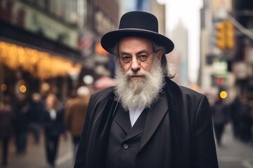 Obraz premium Old orthodox Jewish rabbi on a city street.