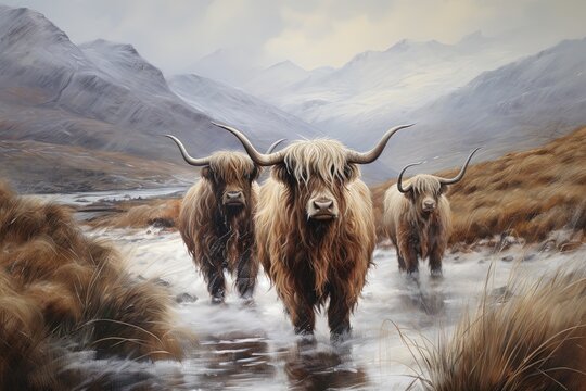 Scottish highlanders in winter landscape.