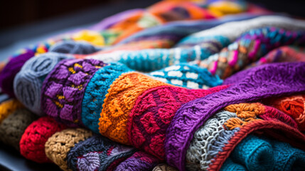 Fototapeta premium Handmade Colorful Patchwork: A close-up of a knitted blanket with vibrant, handcrafted patches, showcasing the artistry in every stitch.