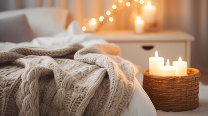 Fototapeta na wymiar Bedtime Serenity: A knitted blanket neatly laid on a bed with soft lighting, inviting a sense of calm and tranquility for a good night's sleep.