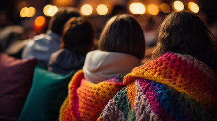 Fototapeta premium Family Movie Night: A knitted blanket shared among family members on a movie night, capturing the essence of togetherness and warmth.